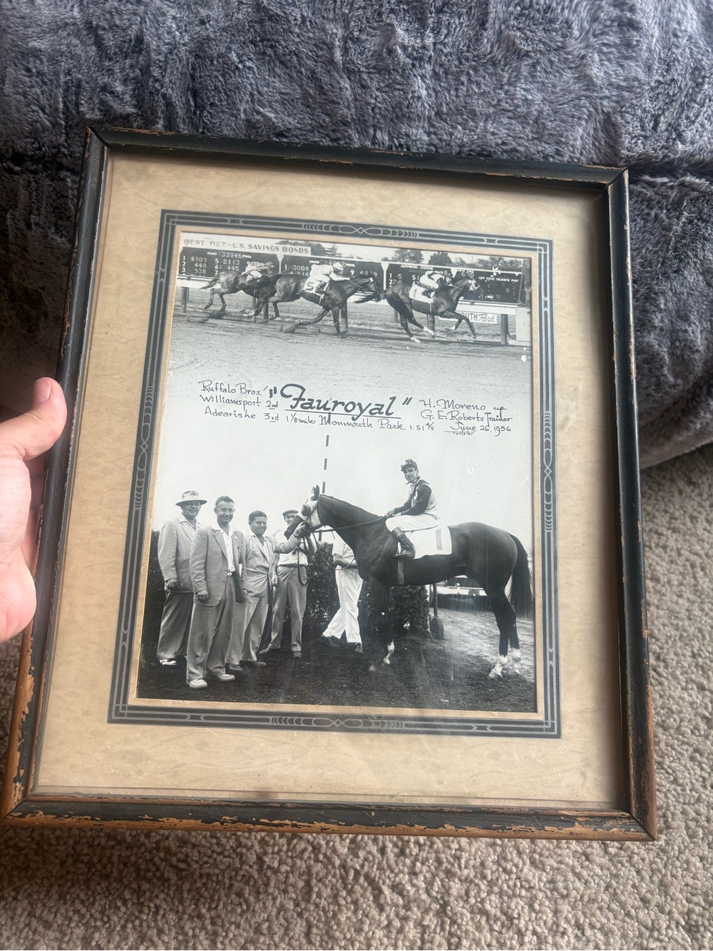 vintage framed black-and-white horse racing photograph from Monmouth Park, NJ